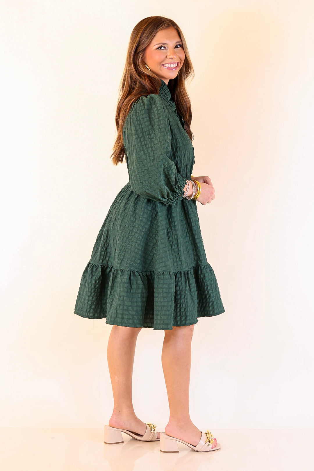 Call Me Captivating Dress with Smocked Waist and Long Sleeves Sleeves in Emerald Green