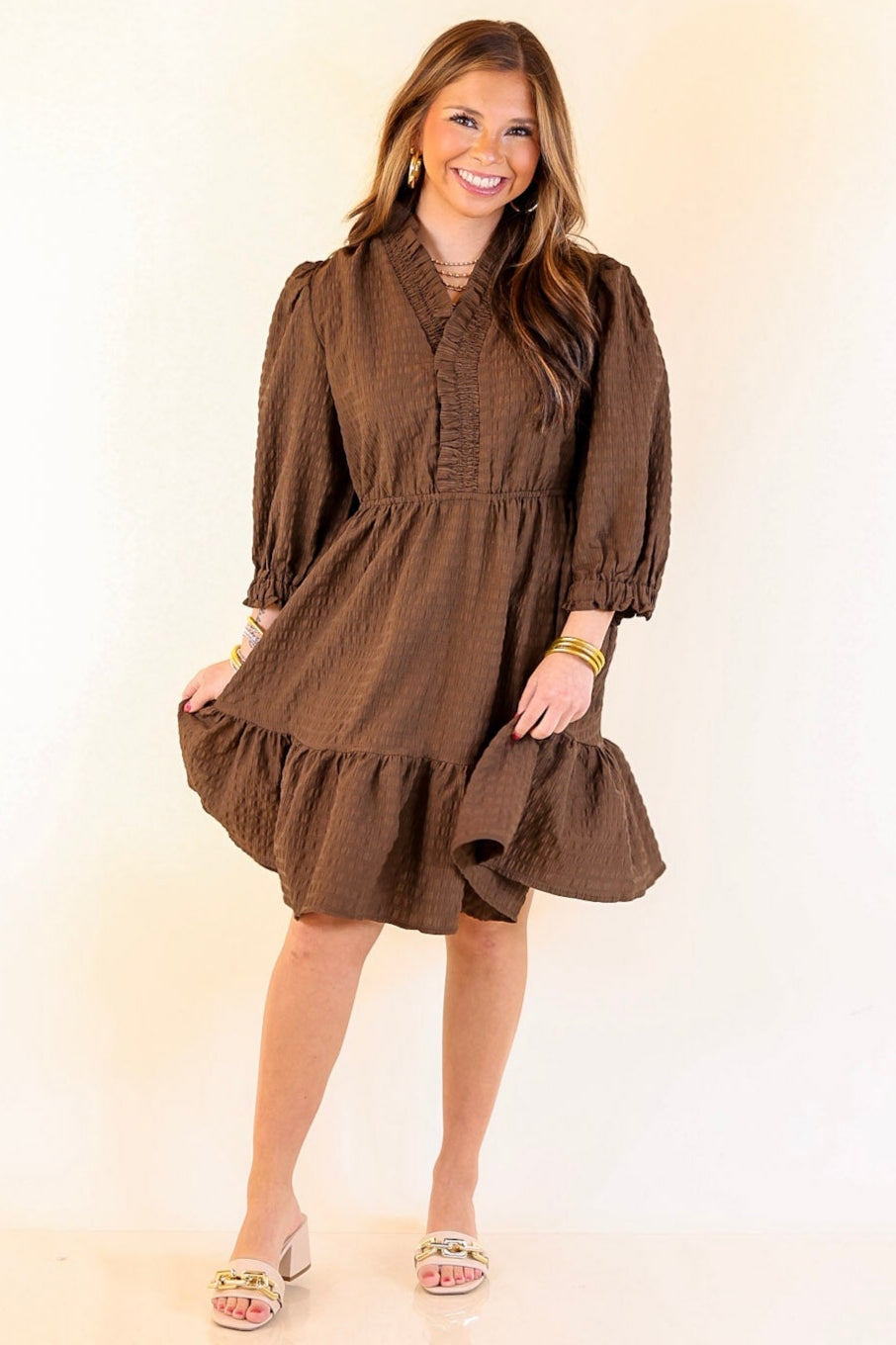 Call Me Captivating Dress with Smocked Waist and Long Sleeves Sleeves in Chocolate Brown