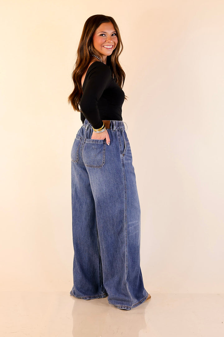 Judy Blue | Made to Move Wide Leg Palazzo Featherweight Elastic Waistband Jeans in Dark Wash