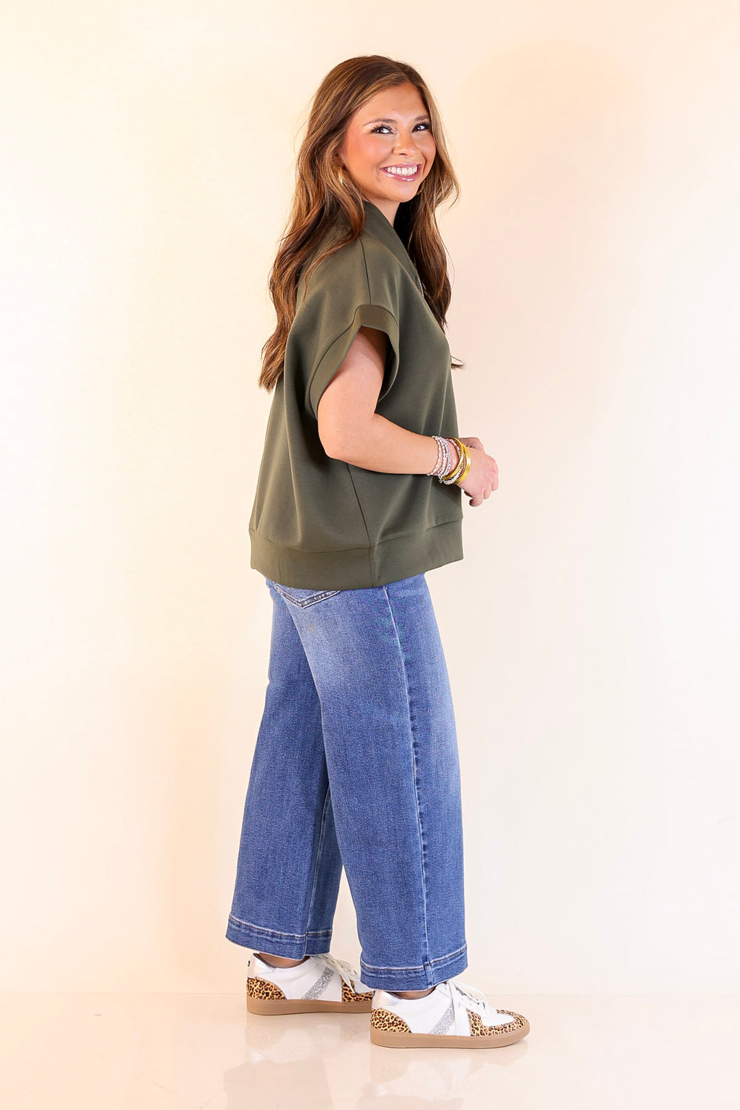 Top Priority Half Zip Collared Scuba Top in Olive Green