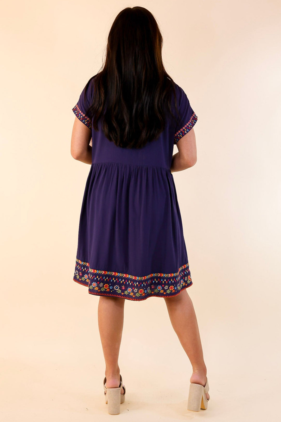 Passing Through V Neck Embroidered Dress with Short Sleeves in Navy Blue