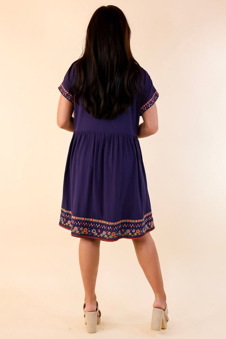 Passing Through V Neck Embroidered Dress with Short Sleeves in Navy Blue