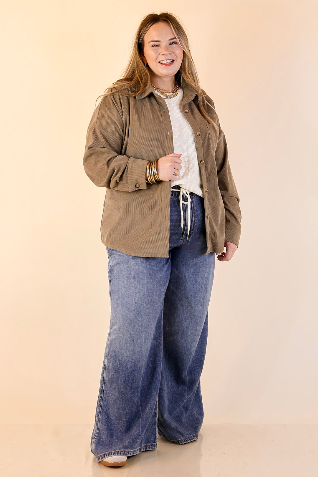 Captivating Cuteness Corduroy Button Up Shacket in Olive Green