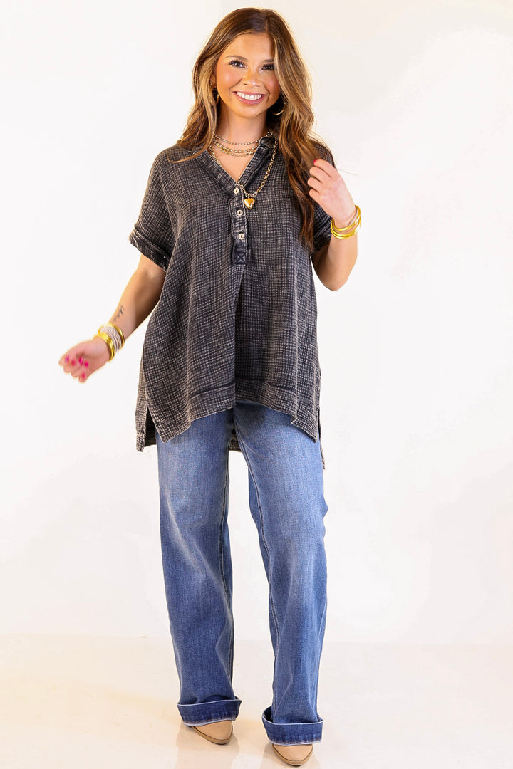 Simple Statement Quarter Button Up Short Drop Sleeve Shirt in Black