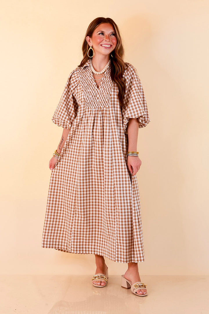 All Eyes on You Smocked Yoke Puff Sleeve Gingham Print Maxi Dress in Camel Brown and Ivory