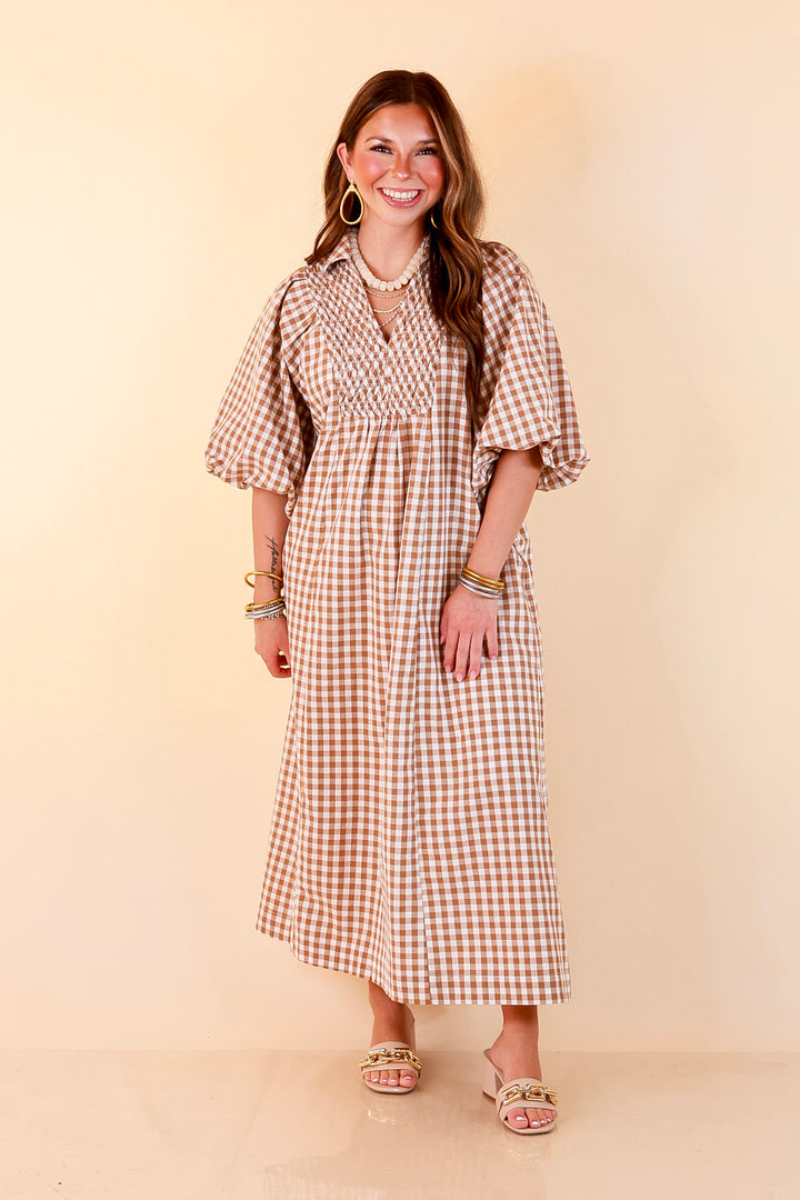 All Eyes on You Smocked Yoke Puff Sleeve Gingham Print Maxi Dress in Camel Brown and Ivory