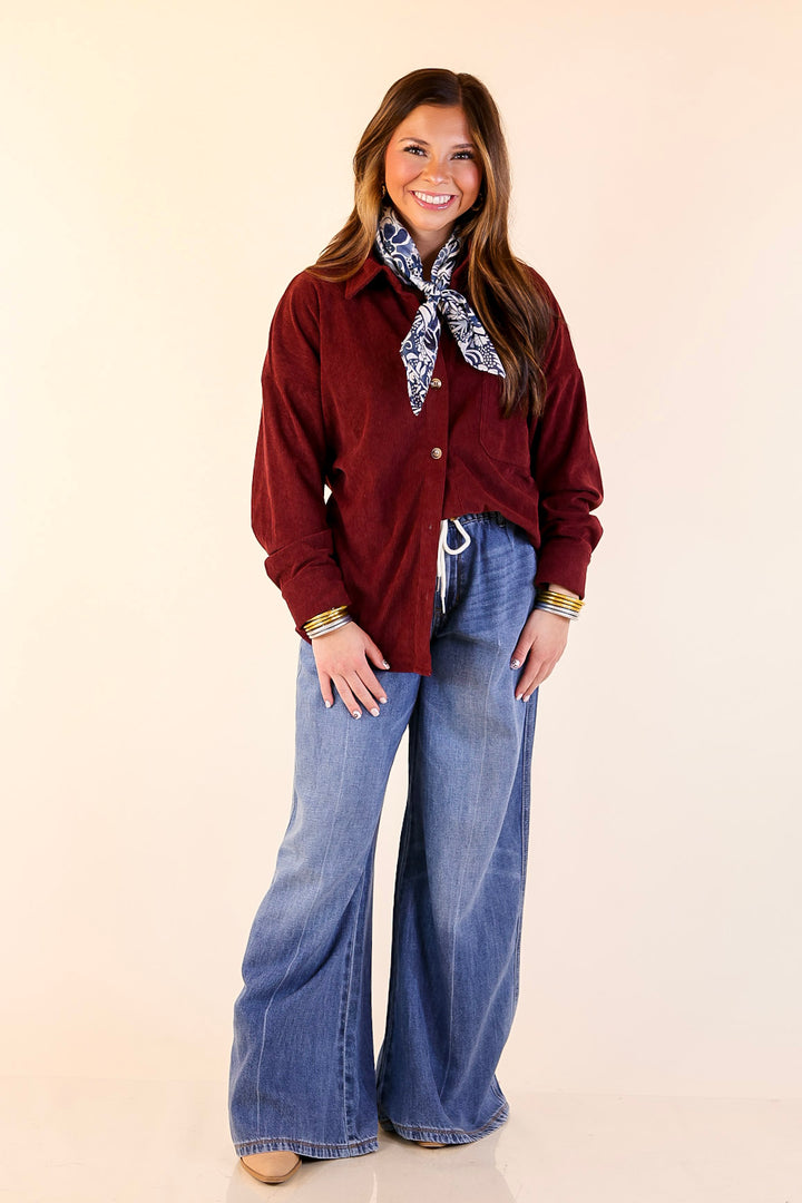 Captivating Cuteness Corduroy Button Up Shacket in Maroon