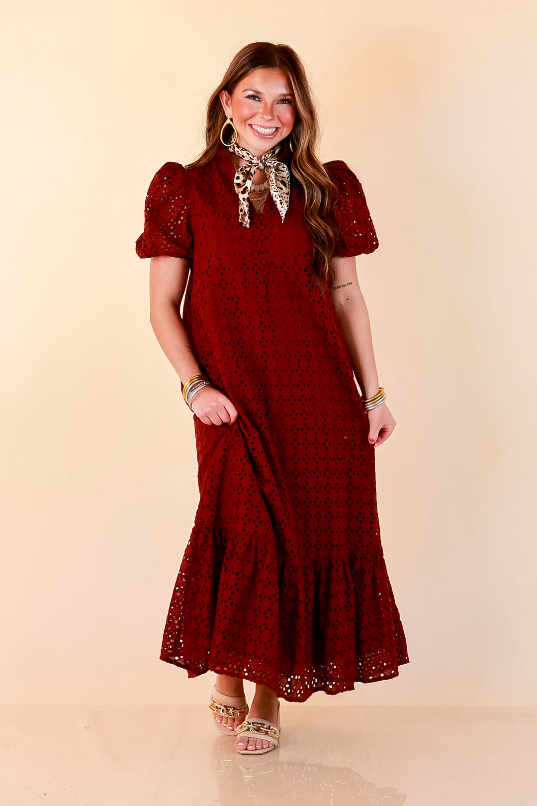 Meet Me at Sunset Eyelet Lace Puff Sleeve Tiered Maxi Dress in Maroon