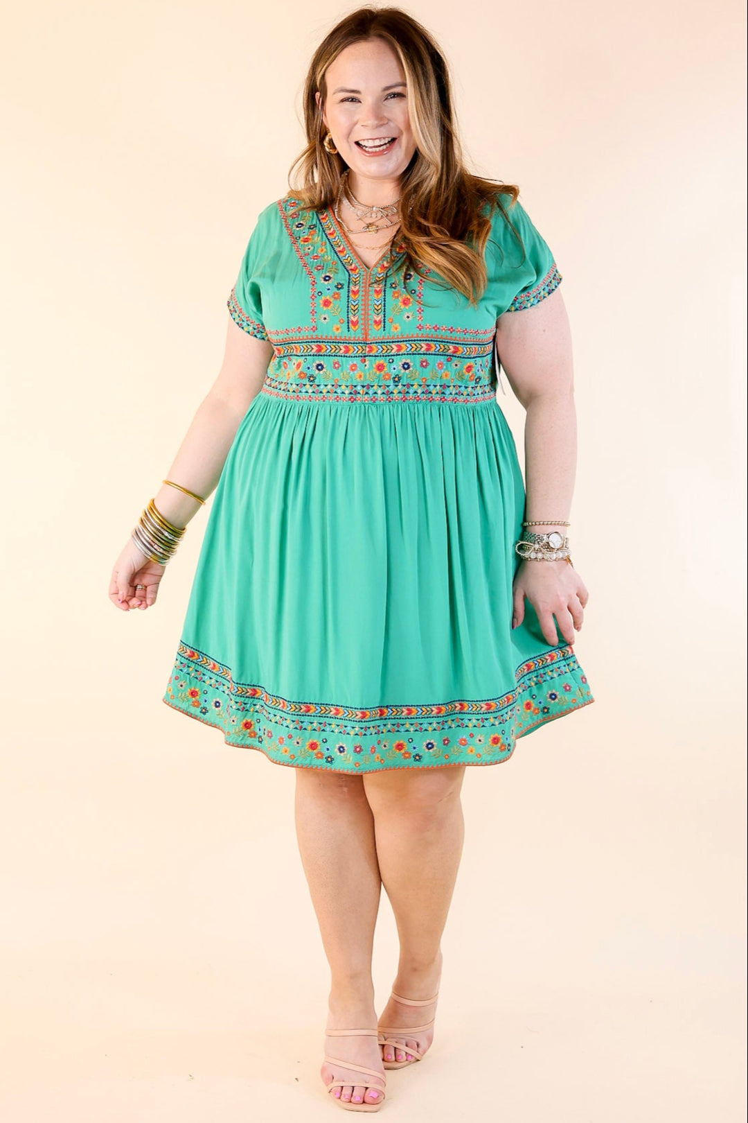 Passing Through V Neck Embroidered Dress with Short Sleeves in Mint Green