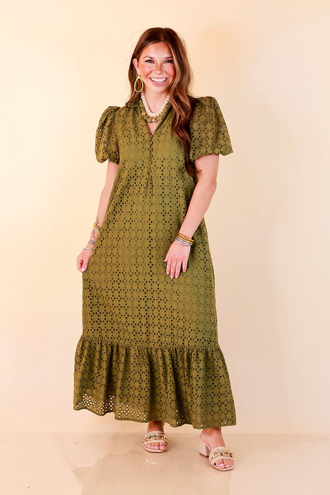 Meet Me at Sunset Eyelet Lace Puff Sleeve Tiered Maxi Dress in Olive Green