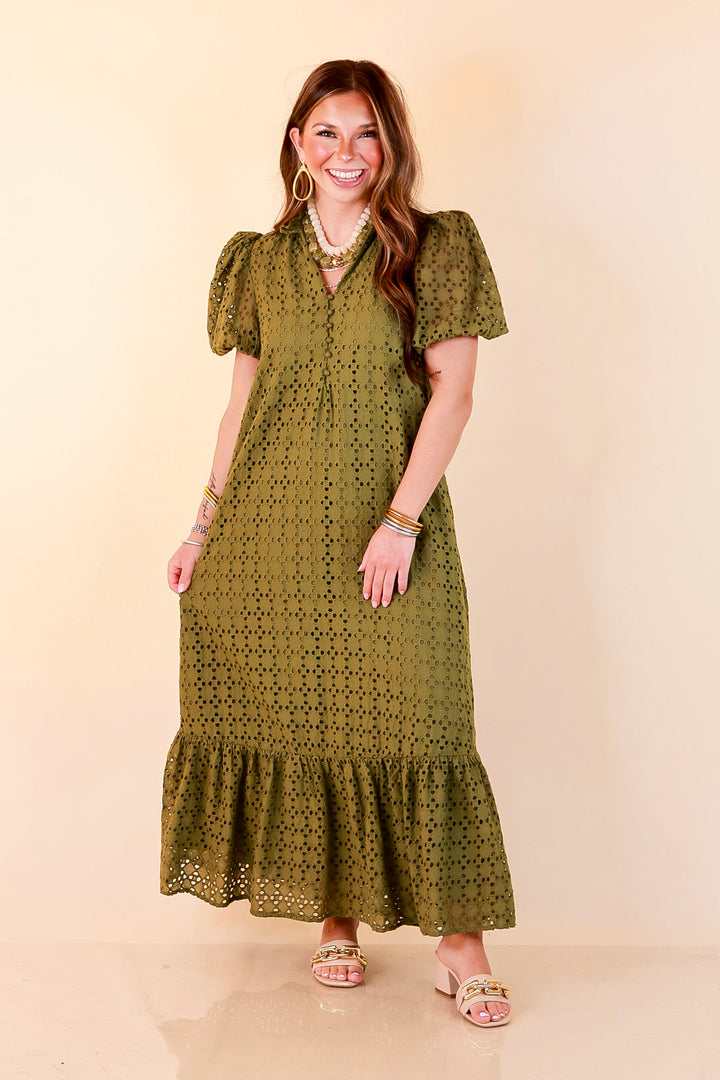 Meet Me at Sunset Eyelet Lace Puff Sleeve Tiered Maxi Dress in Olive Green