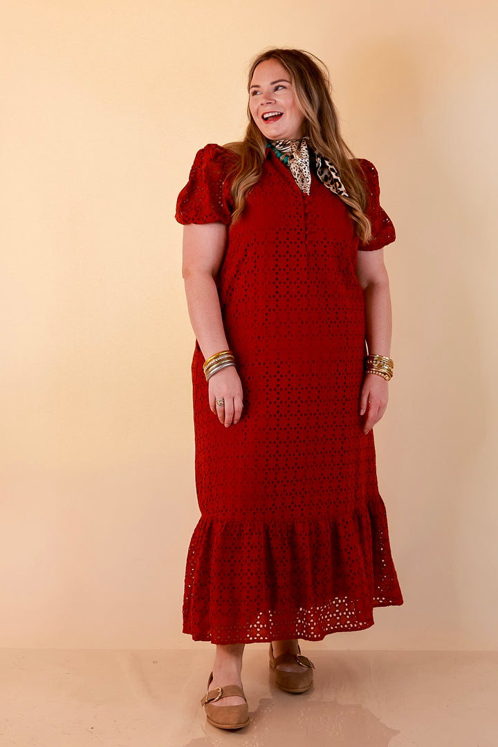 Meet Me at Sunset Eyelet Lace Puff Sleeve Tiered Maxi Dress in Rust Red