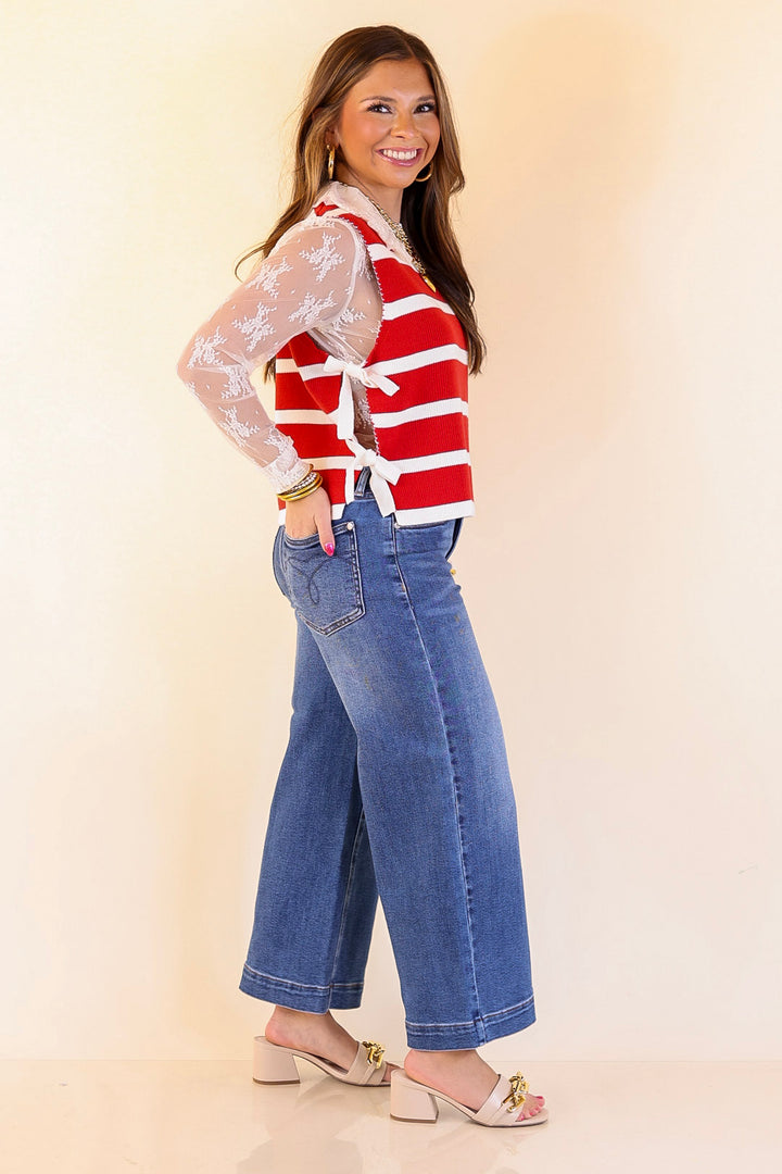 Tied Up in Style Knit Sweater with Side Ties in Red with Off White Stripes