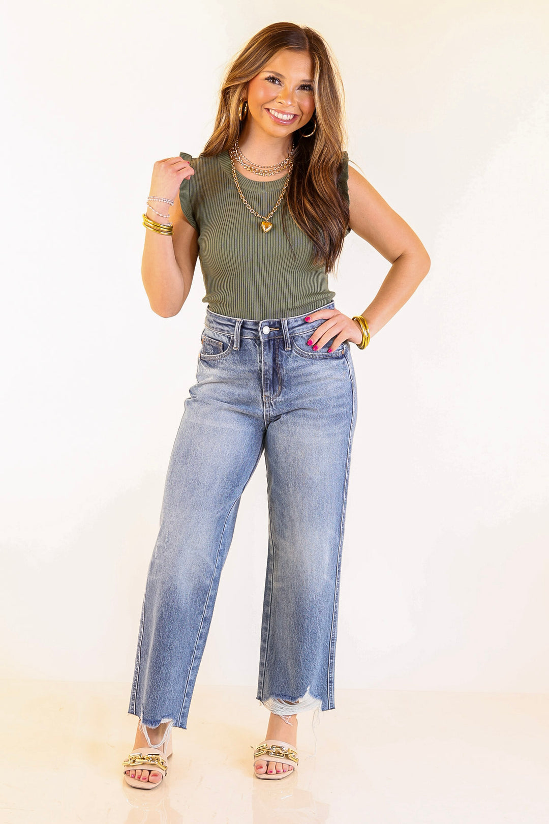 Flirty Frill Scoop Neck Top with Ruffle Sleeves in Olive Green