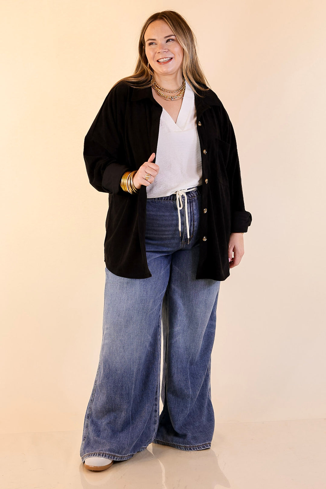 Plus Sizes | Captivating Cuteness Corduroy Button Up Shacket in Black