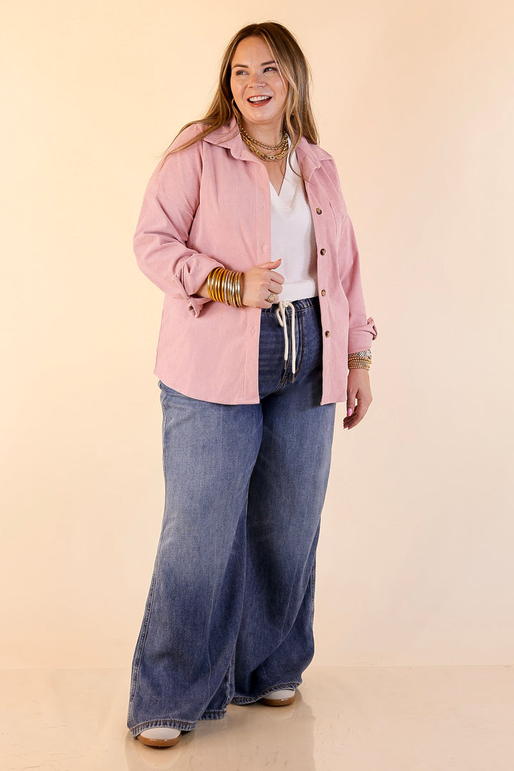 Captivating Cuteness Corduroy Button Up Shacket in Light Pink