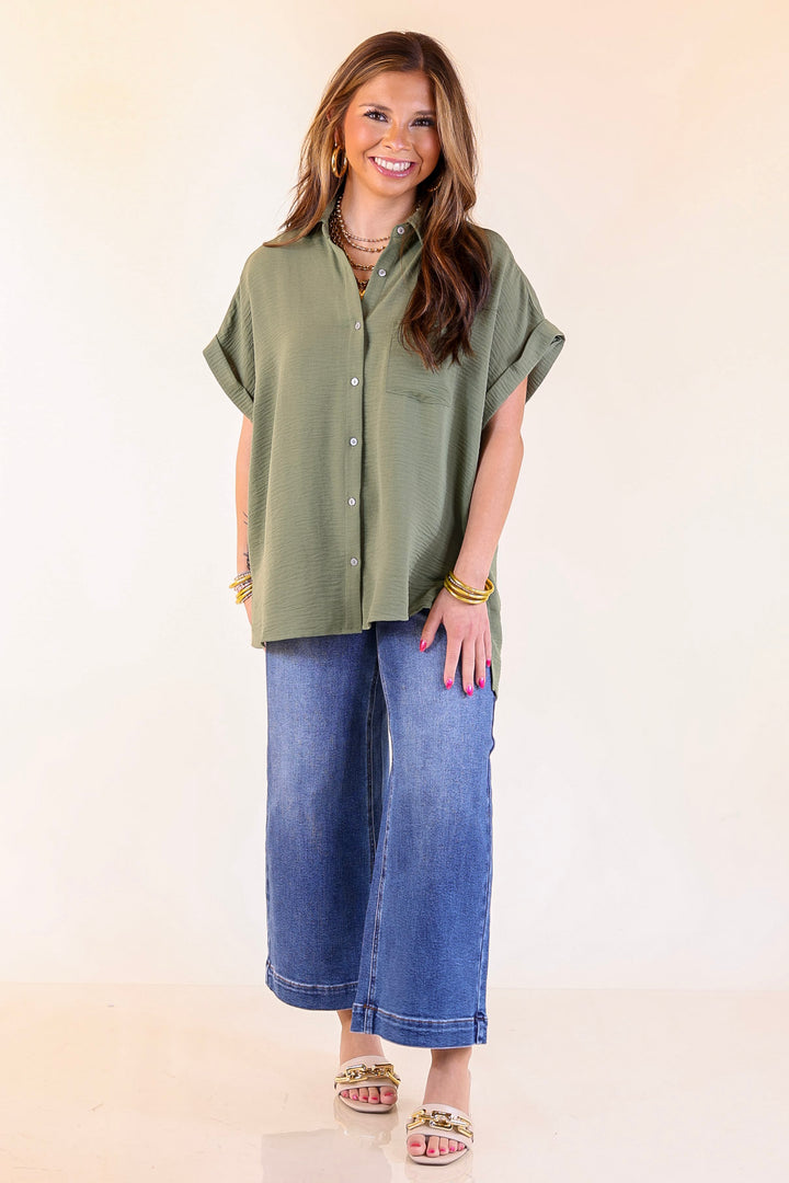 Timeless Appeal Collared Button Up Top in Olive Green