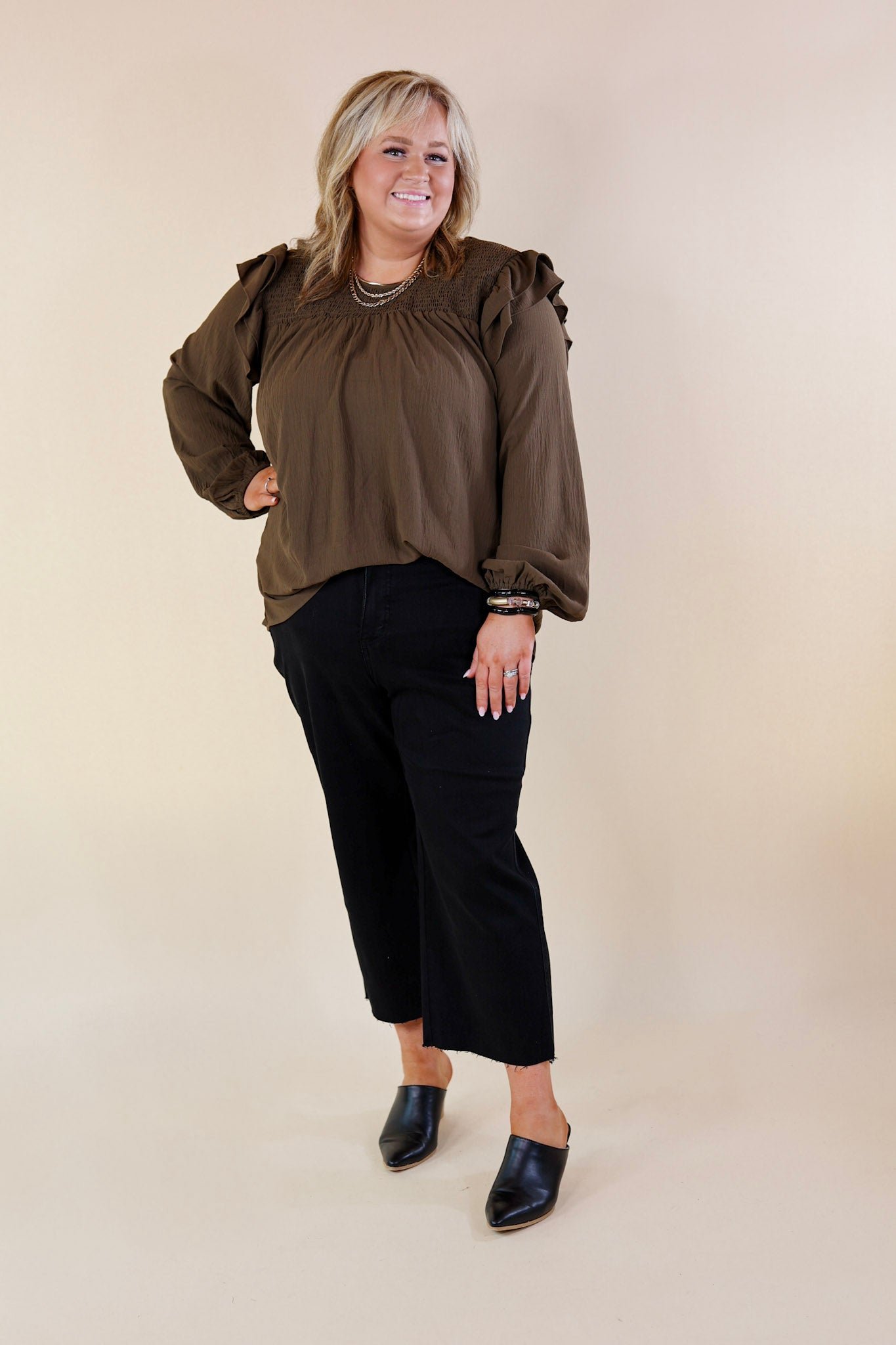 Balcony Nights Ruffle Shoulder Long Sleeve Blouse in Olive Brown - Giddy Up Glamour Boutique