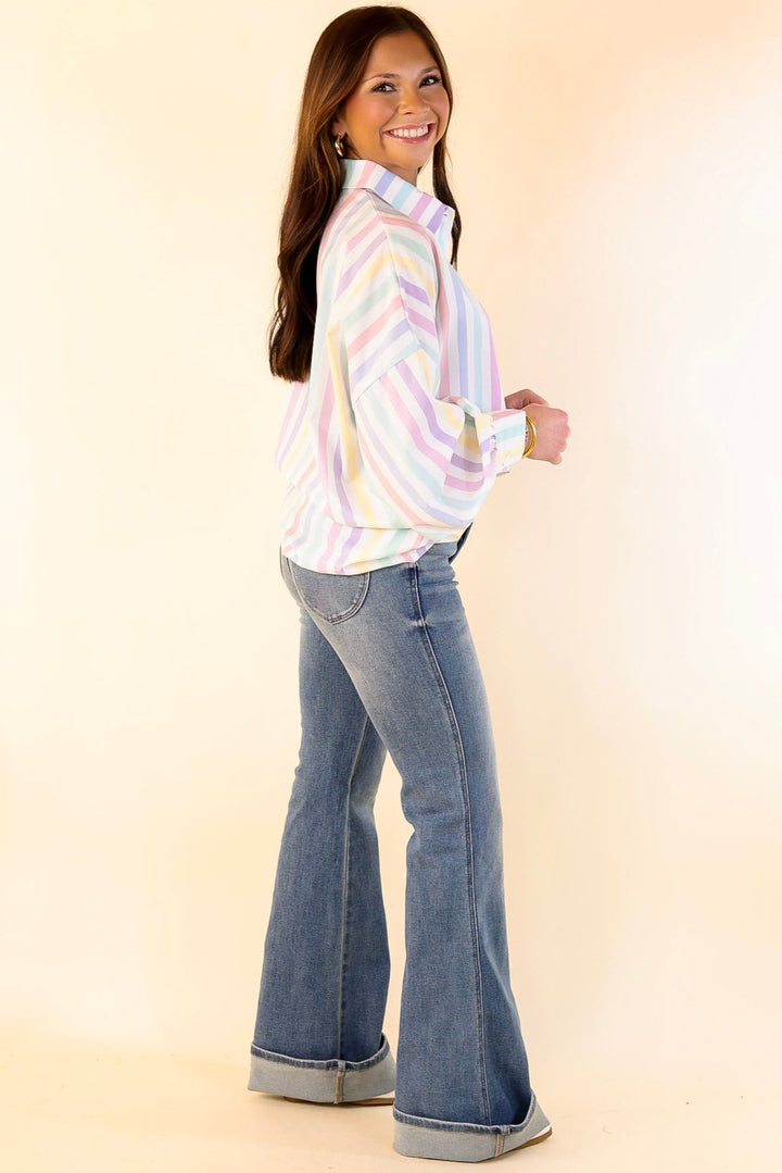 The Cowgirl Way Button Up Pastel Striped Top in White