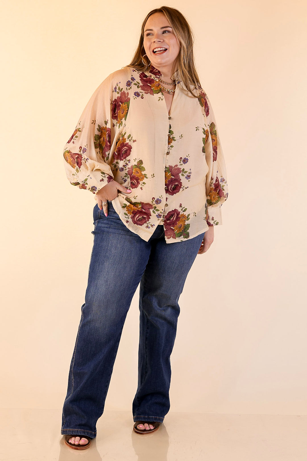 Garden Stroll Floral Long Sleeve Button Down Top in Cream