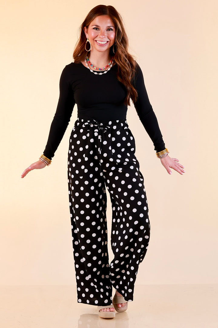 Pairs Well with Others Polka Dot Print Drawstring Pants with Elastic Waistband in Black