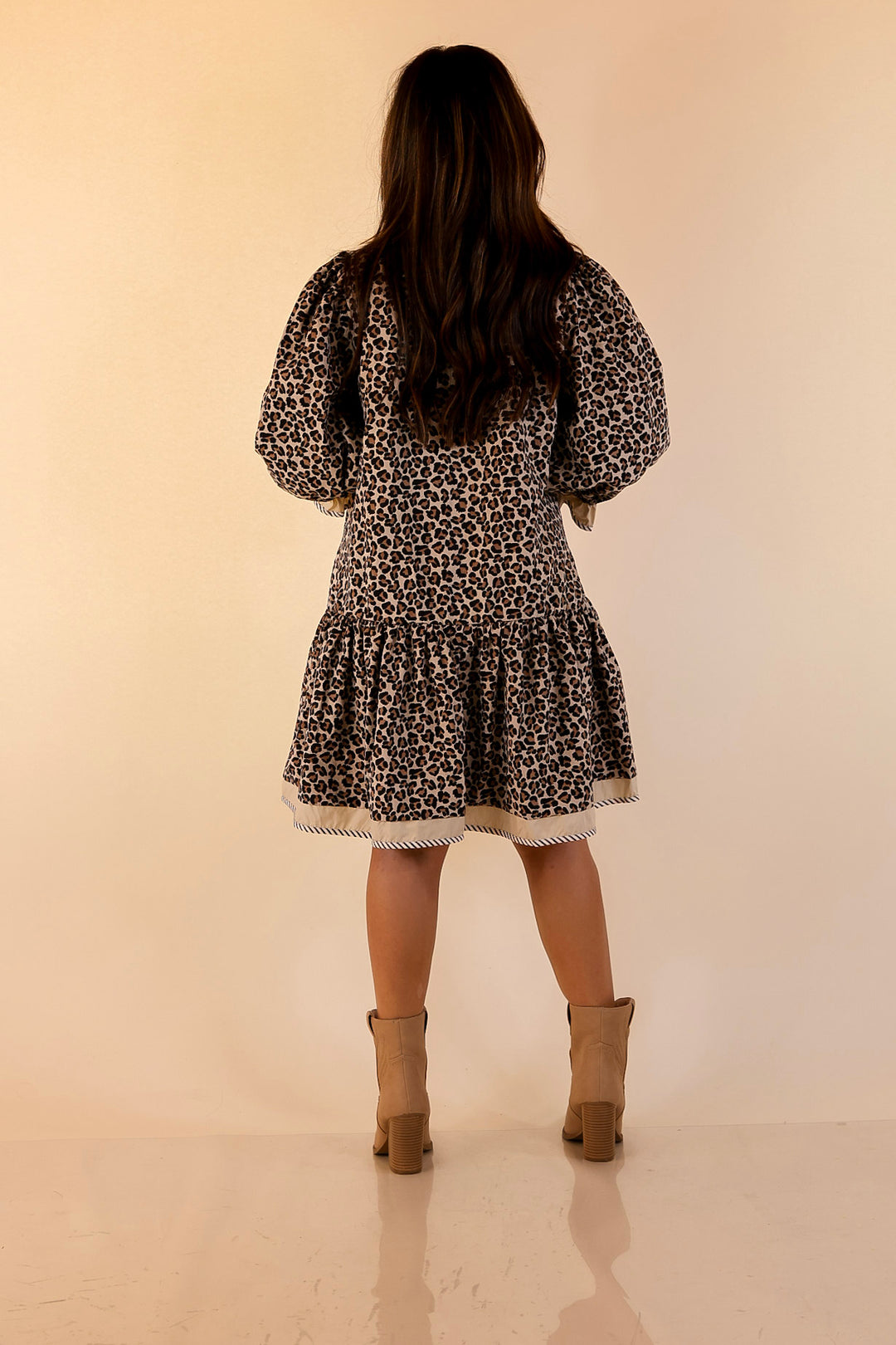 Fierce Intentions 3/4 Sleeve Leopard Print Babydoll Dress with Ruffle Detailing in Taupe