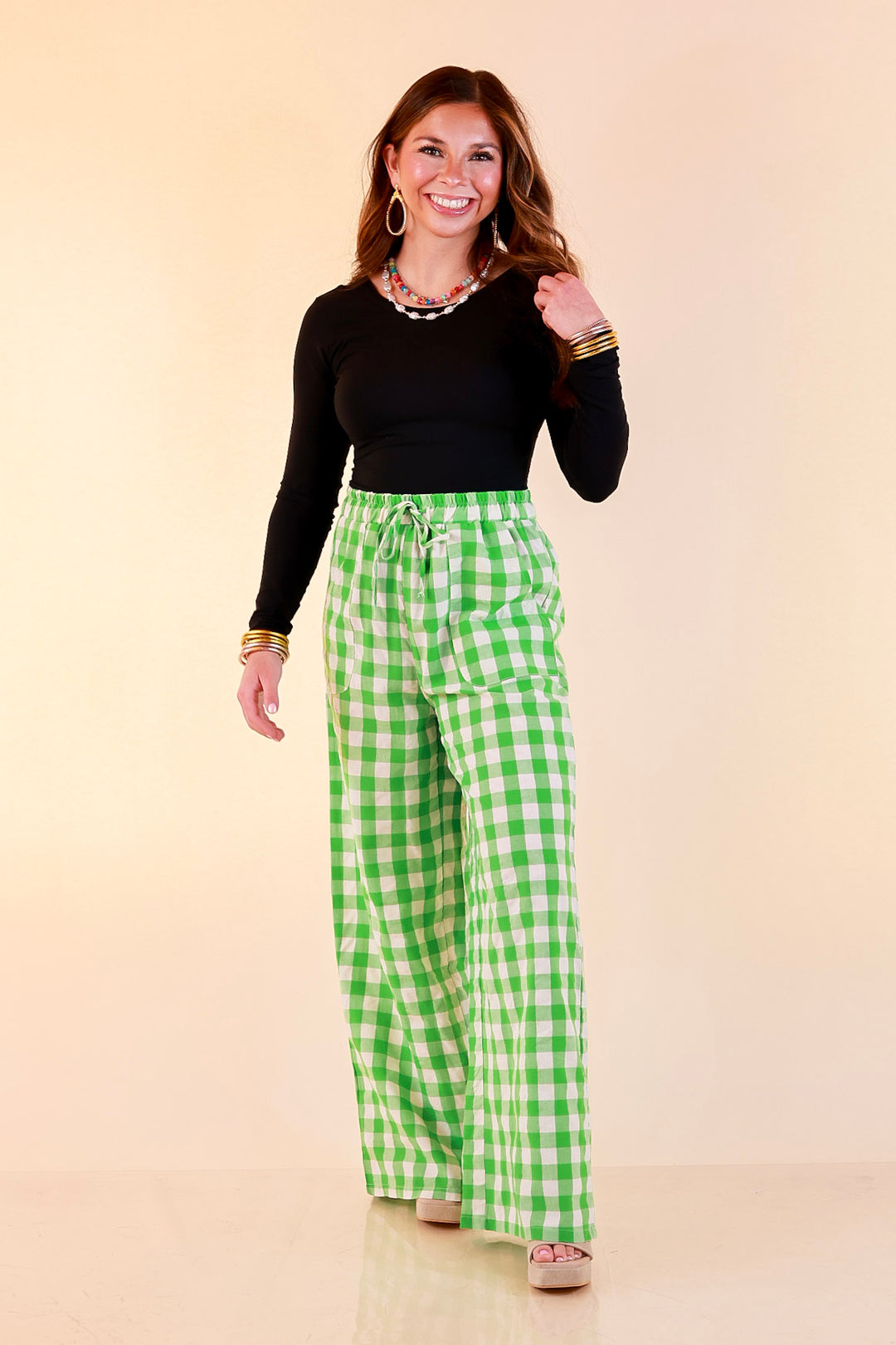 Pairs Well with Others Gingham Print Drawstring Pants with Elastic Waistband in Green