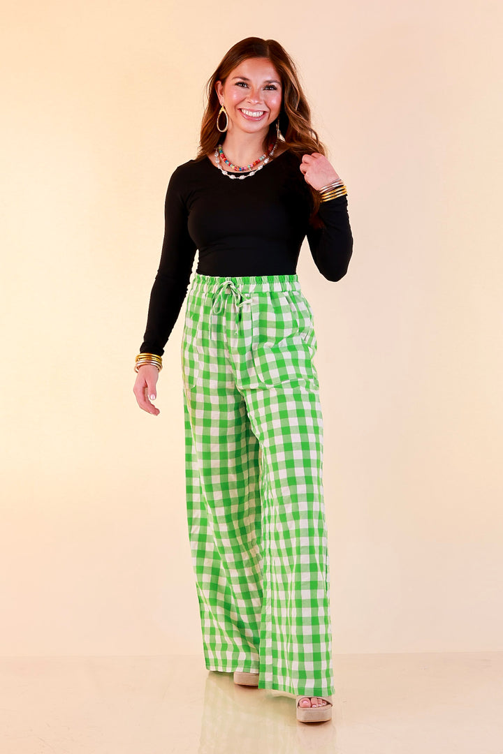 Pairs Well with Others Gingham Print Drawstring Pants with Elastic Waistband in Green