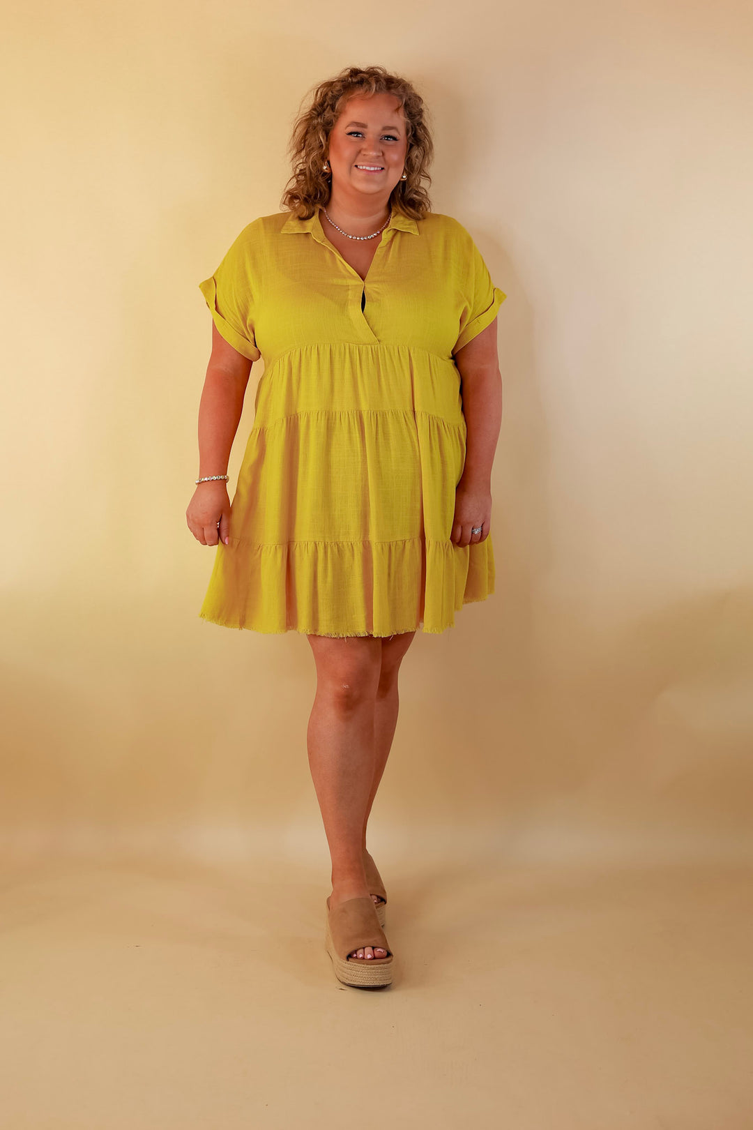 Taos Transitions Ruffle Tiered Collared Dress with Frayed Hem in Yellow - Giddy Up Glamour Boutique