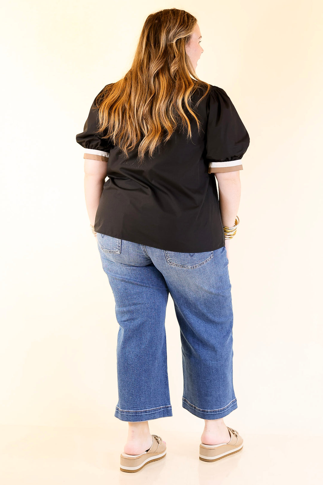 Standout Style V Neck Top with Short Balloon Sleeves and Natural Color Trim in Black