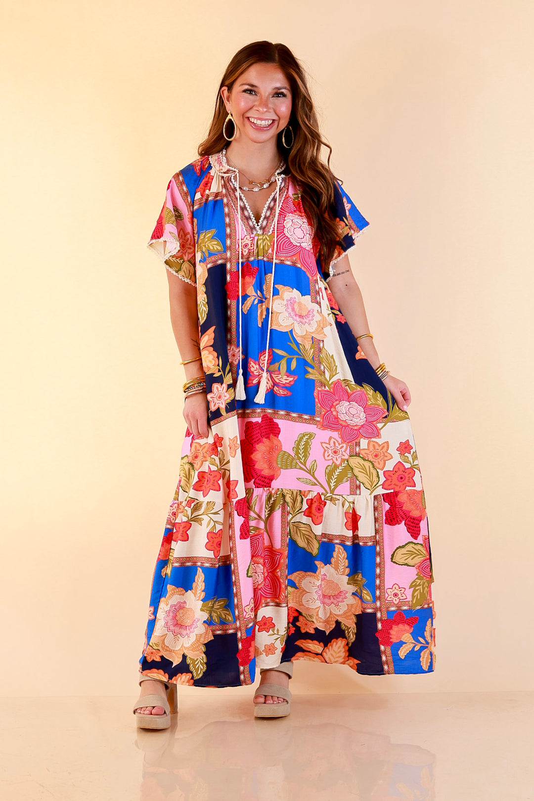 Patchwork Poise Floral Patchwork Print Midi Dress with Tassel Tie Neckline and Flutter Sleeves in Blue Mix