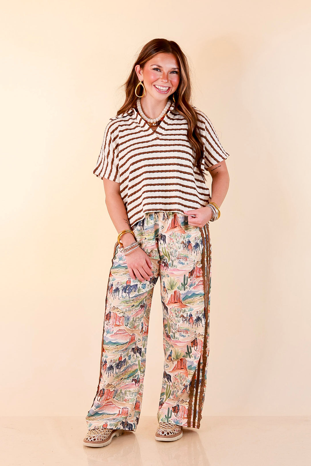 Simply Said Striped Drop Shoulder Collared Cropped Top in Ivory with Chocolate Brown Stripes