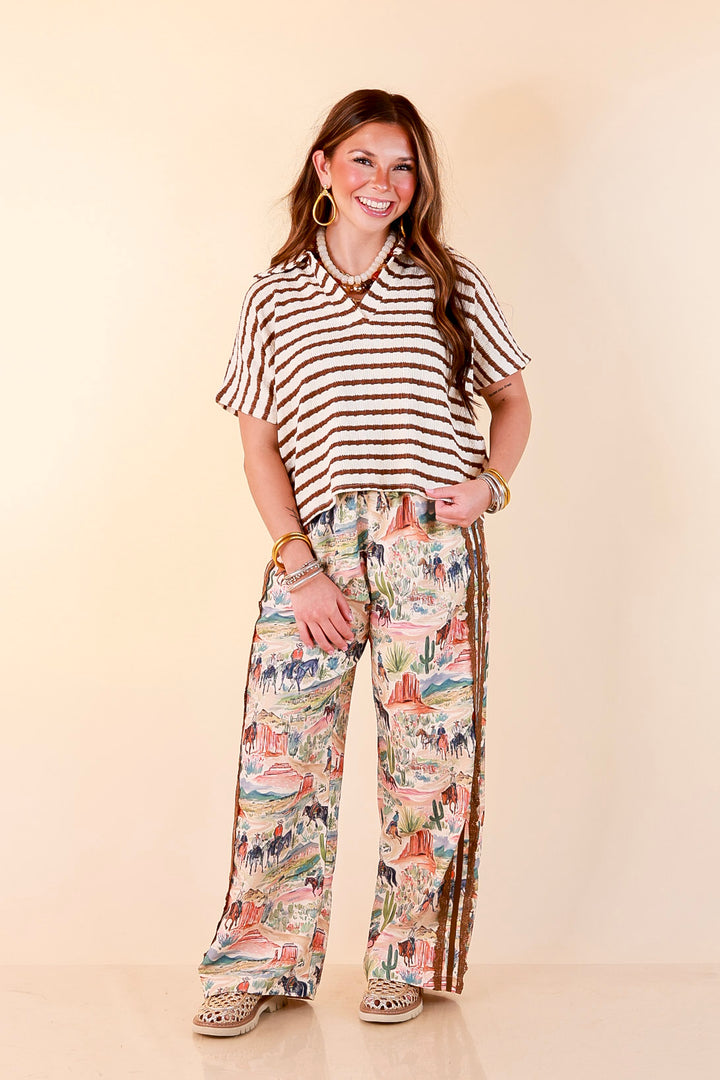 Simply Said Striped Drop Shoulder Collared Cropped Top in Ivory with Chocolate Brown Stripes