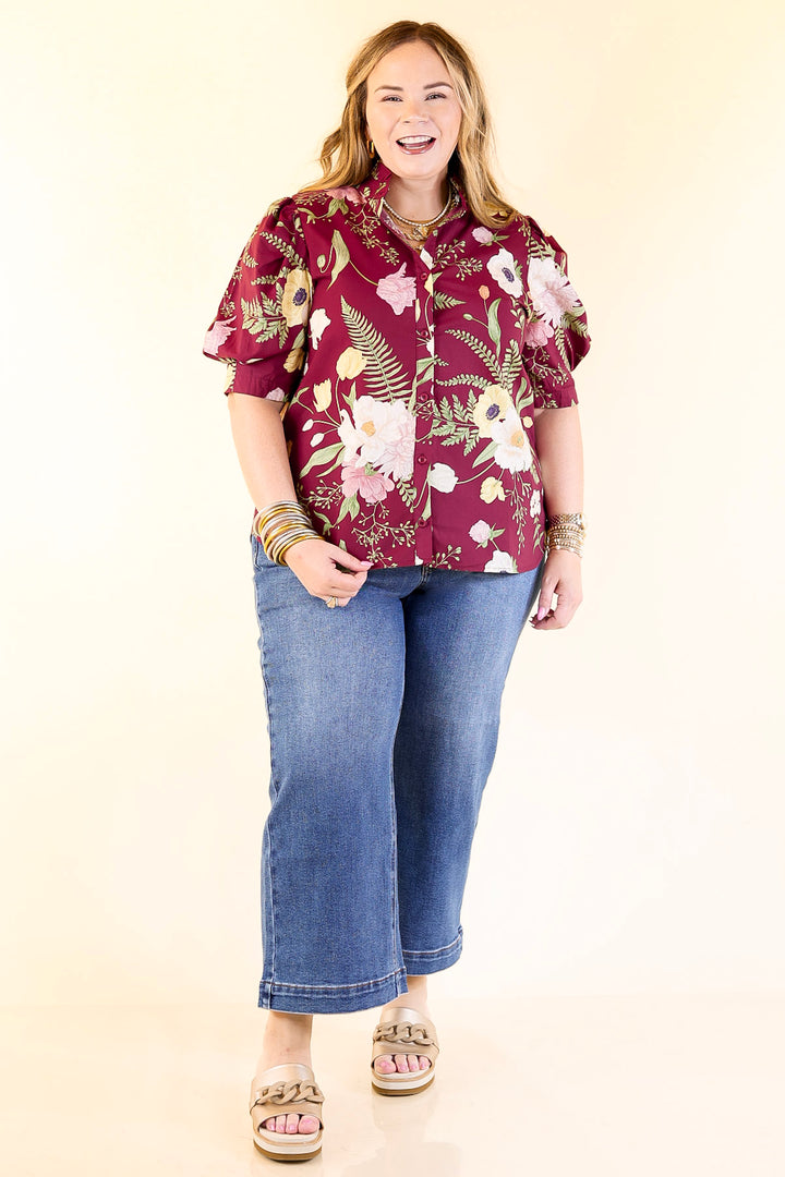 First Glance Button Up Puff Sleeve Floral Print Top in Maroon
