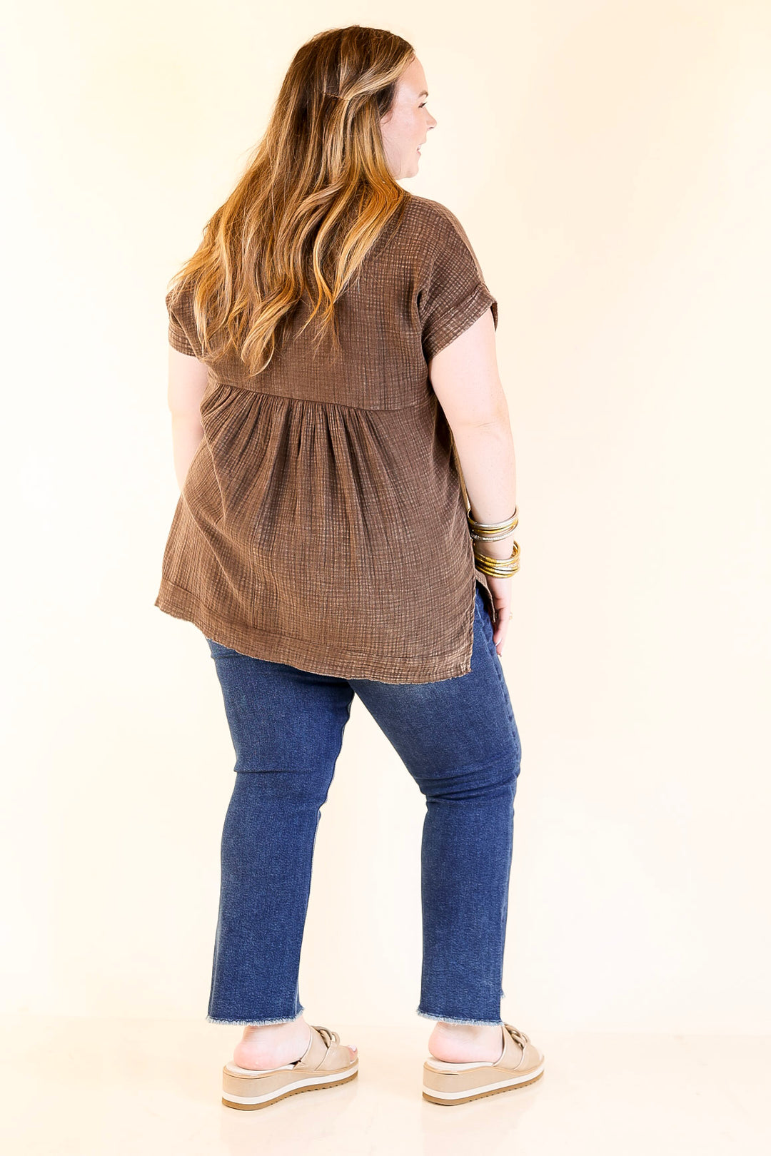 Simple Statement Quarter Button Up Short Drop Sleeve Shirt in Brown