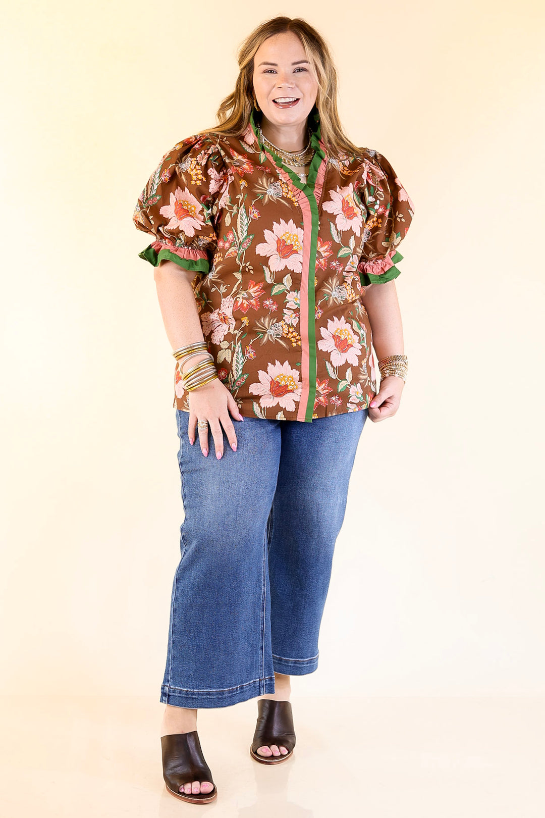 Endless Elegance Ruffled V Neck Floral Print Top in Brown, Mauve and Green