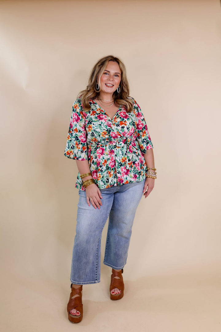 Feels Like A Fairytale Floral V Neck Babydoll Top with Waist Tie in Green Mix - Giddy Up Glamour Boutique