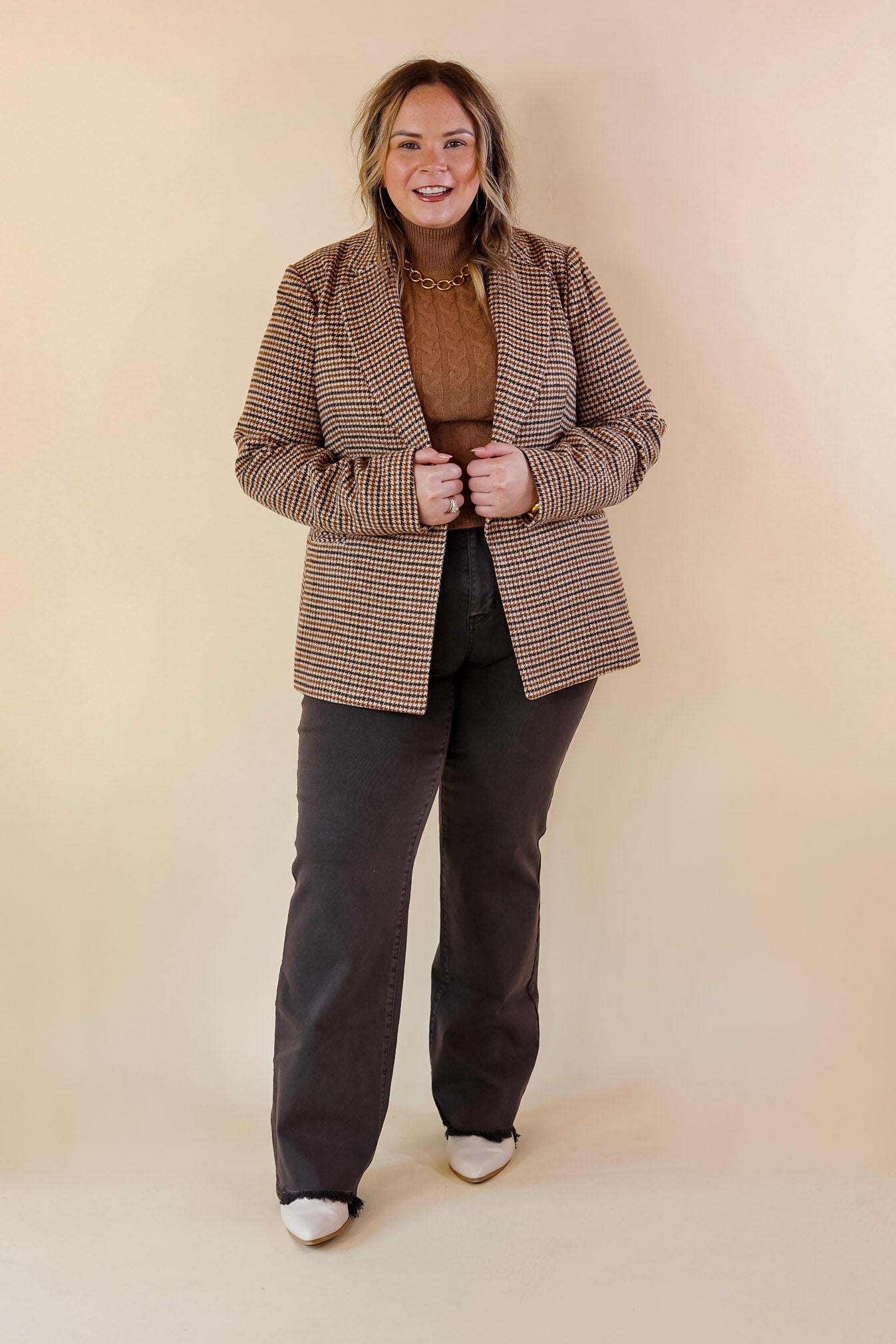 Downtown Holiday Houndstooth Double Button Blazer in Beige Mix - Giddy Up Glamour Boutique