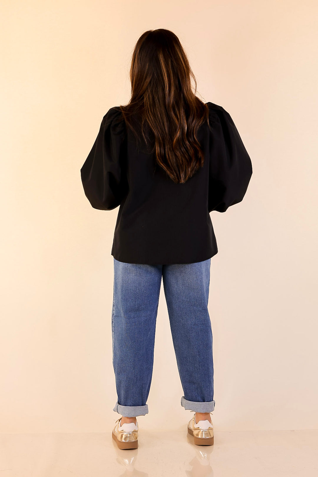 Trimmed in Style Puff Long Sleeve Blouse with Contrast Leopard Trim and Ruffle in Black