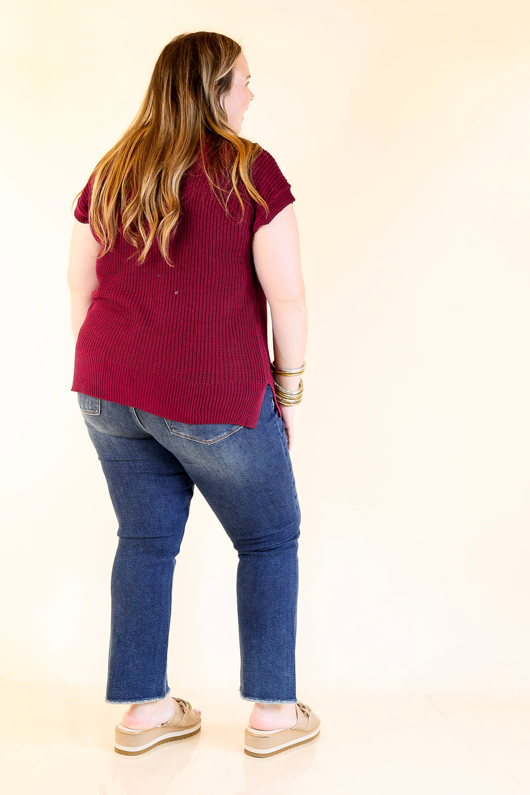 Style Refresh Drop Shoulder Short Sleeve Knit Sweater Top in Maroon