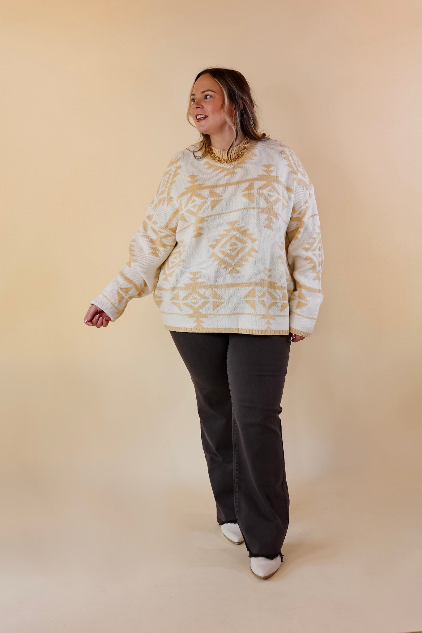 Cheyenne Chill Aztec Print Striped Sweater in Ivory and Beige - Giddy Up Glamour Boutique