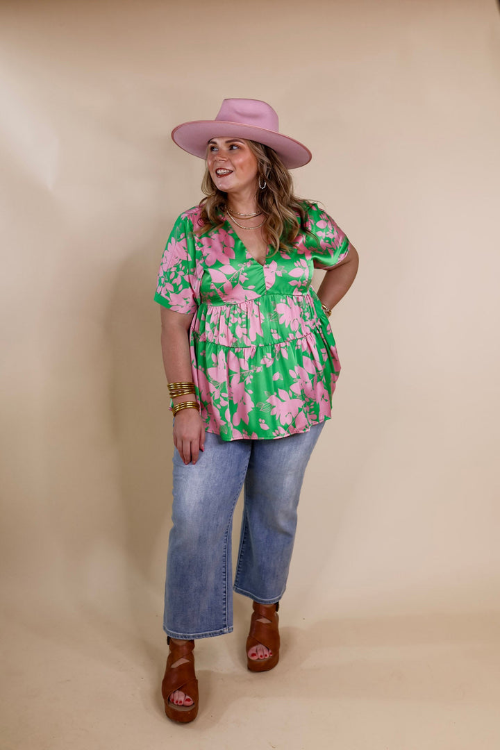 Merlot Meeting Floral Print V Neck Top in Green - Giddy Up Glamour Boutique