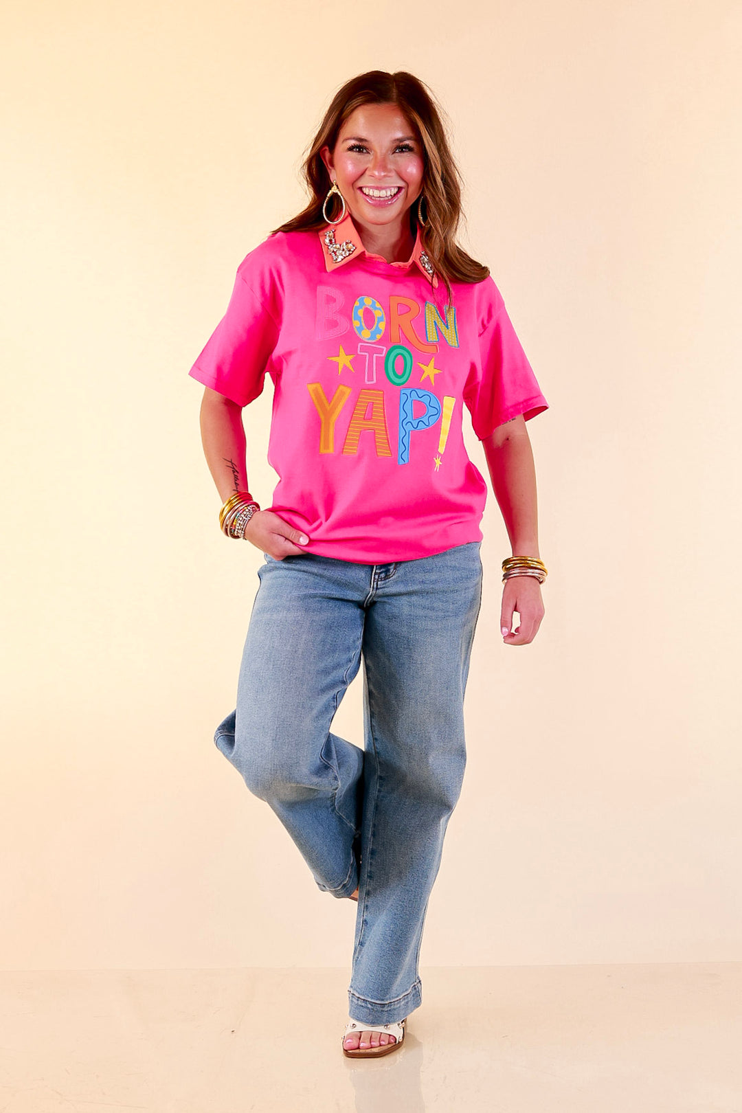 Social Butterfly Era "Born to Yap" Short Sleeve Graphic Tee in Hot Pink