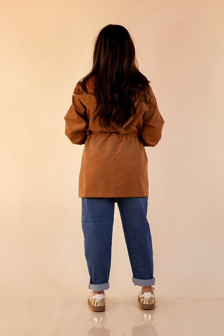 Fill Up Your Cup Embroidered Suede Utility Jacket in Tan