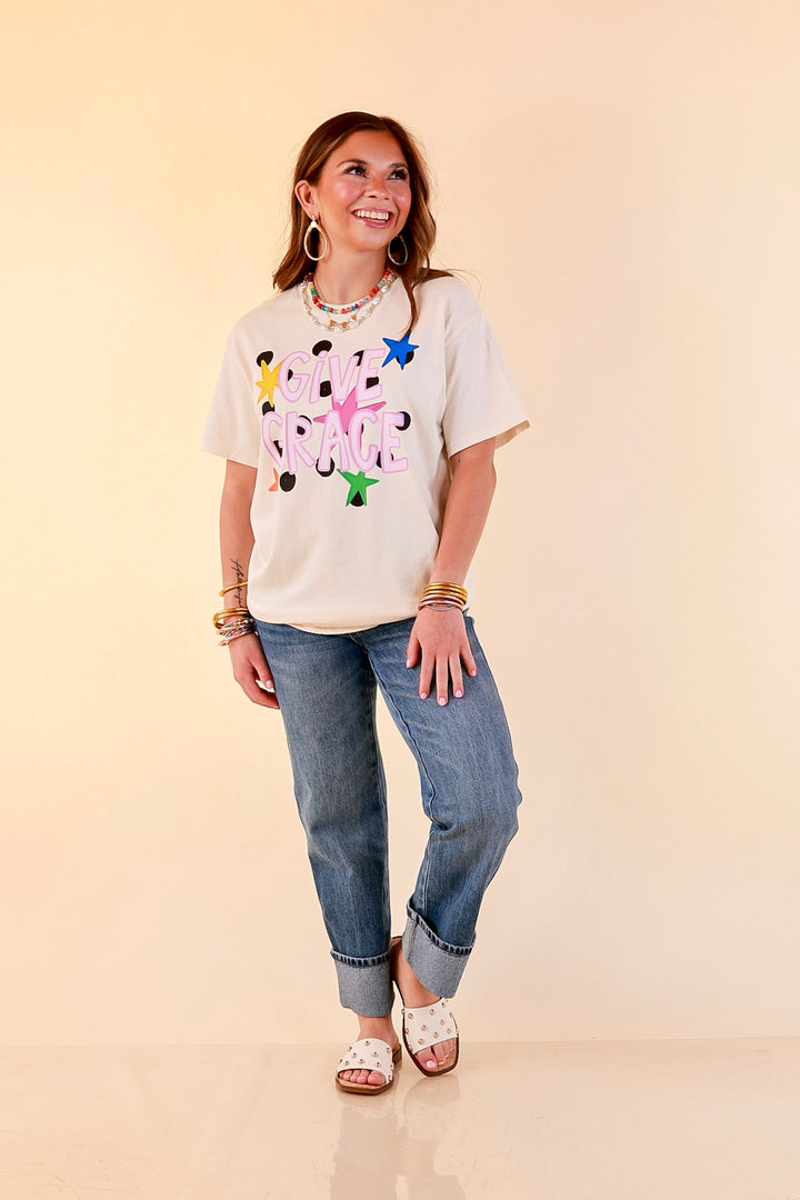 Grace Upon Grace "Give Grace" Distressed Polka Dot and Star Print Short Sleeve Graphic Tee in Natural