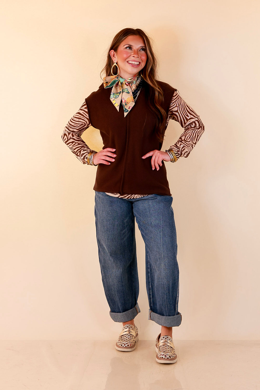 Always a Favorite Crew Neck Front Seam Sweater Knit Top in Chocolate Brown