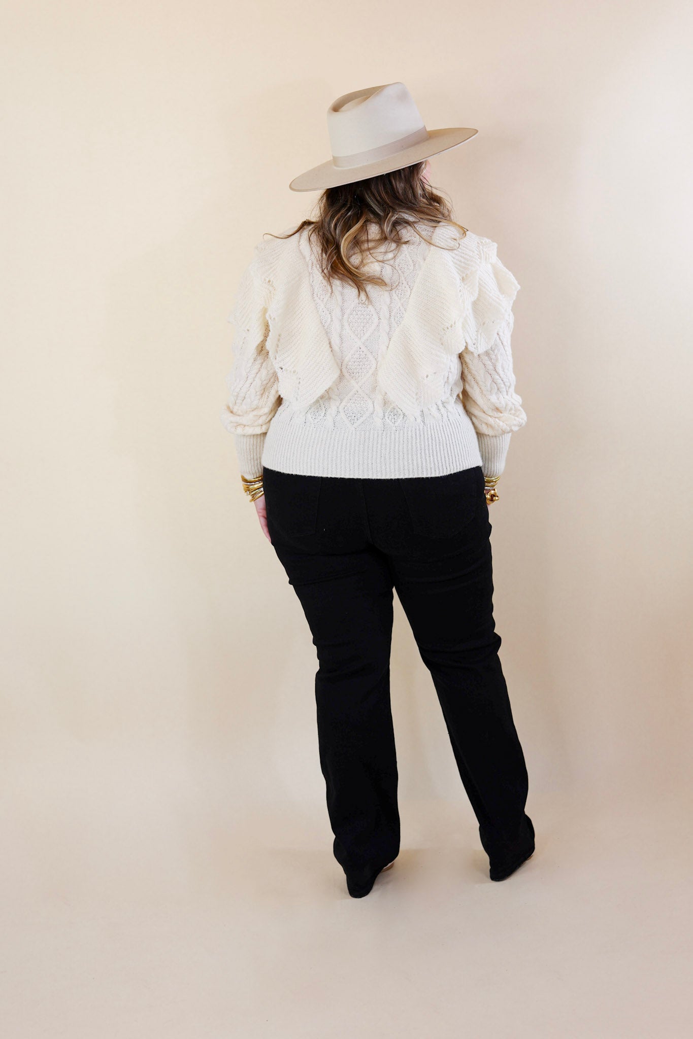 Lovely And Luxe Ruffle Shoulder Sweater in Ivory - Giddy Up Glamour Boutique