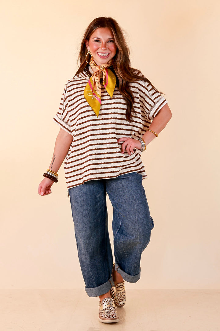 On The Daily Scoop Neck Short Sleeve Striped Textured Top in Chocolate Brown