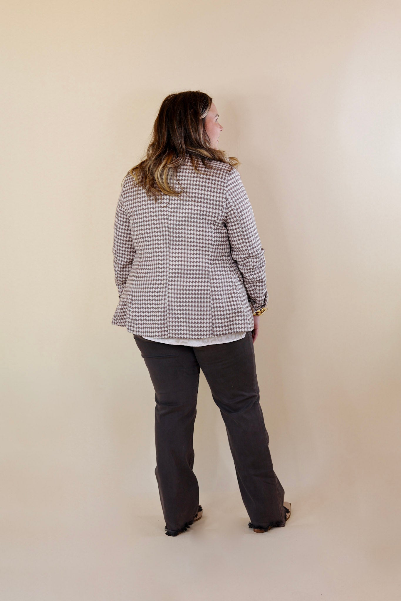 Shot Of Espresso Houndstooth Blazer with Gold Buttons in Light Taupe - Giddy Up Glamour Boutique