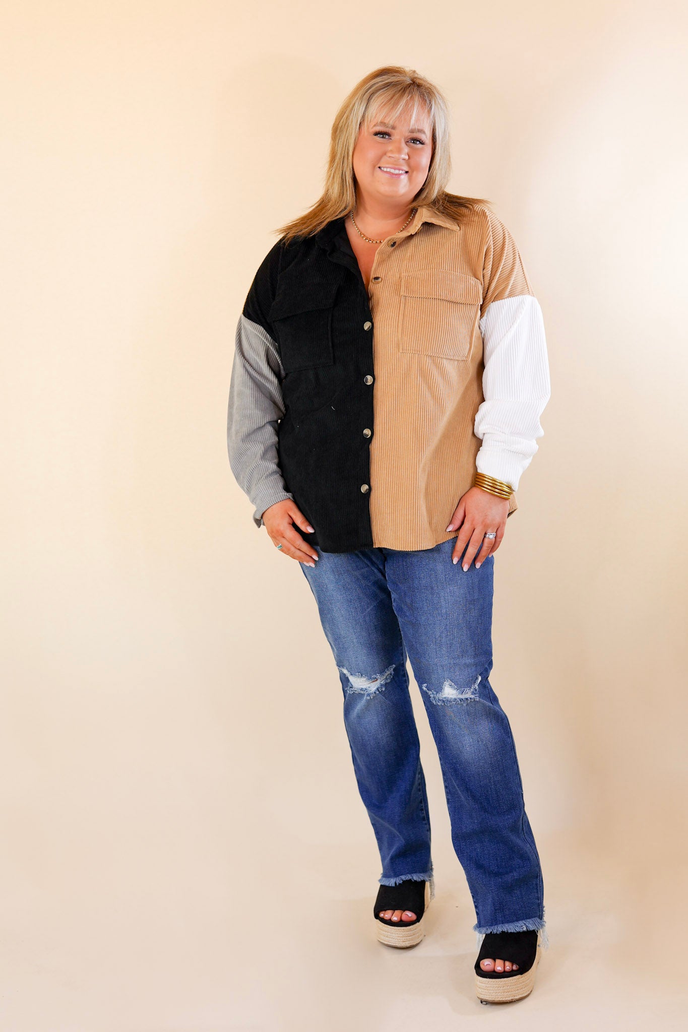 Cozy Perk Button Up Color Block Corduroy Shacket in Black and Tan - Giddy Up Glamour Boutique